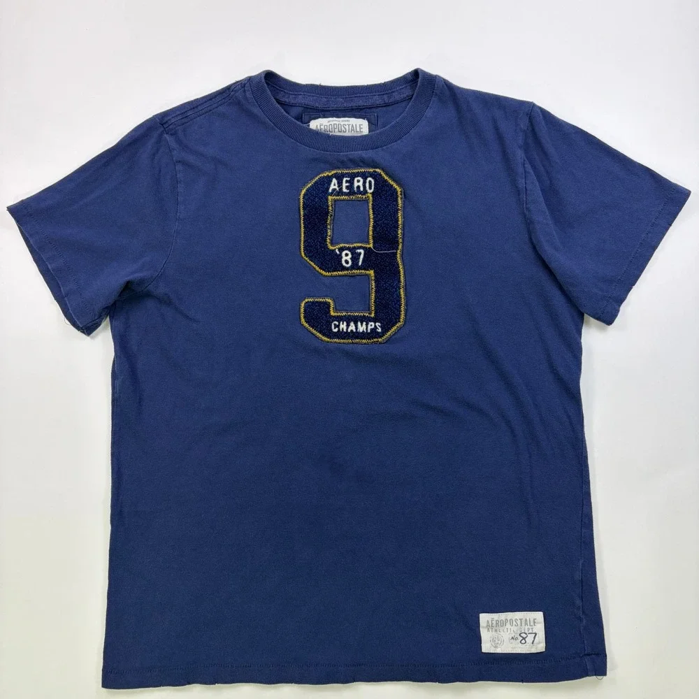 Y2K Aeropostale 1987 Aero Champs Graphic T Shirt Mens Large Navy Chenille Patch